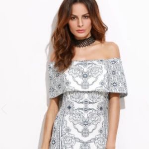 Flounce Layered Neckline Vintage Print Dress
